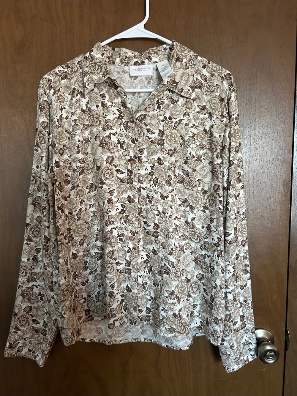 Liz Claiborne Brown and Cream Floral Button-Up Blouse